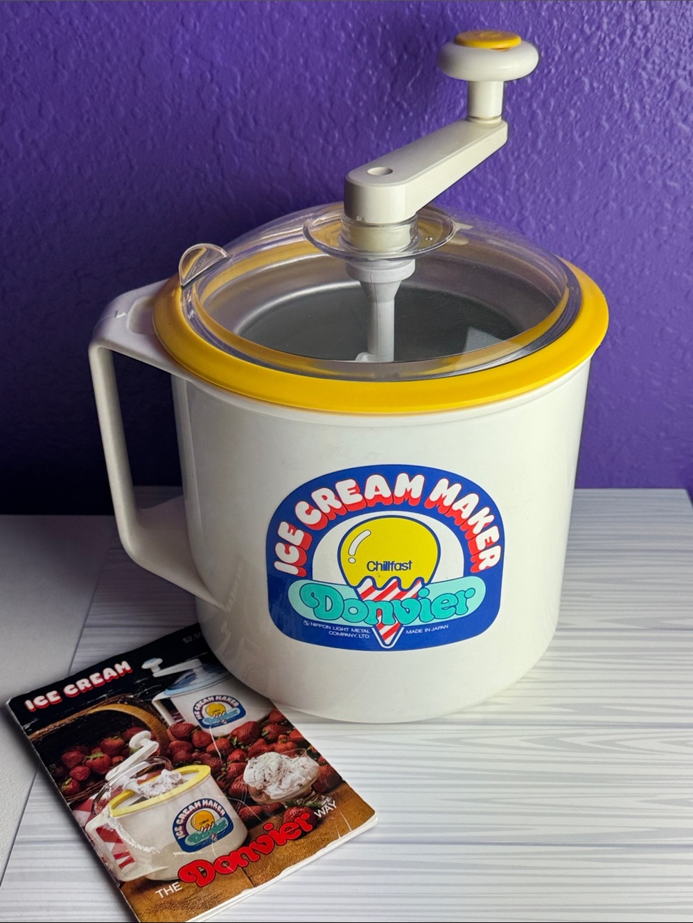 Donvier Manual Ice Cream Maker – White with Yellow Trim Vintage Homemade Machine
